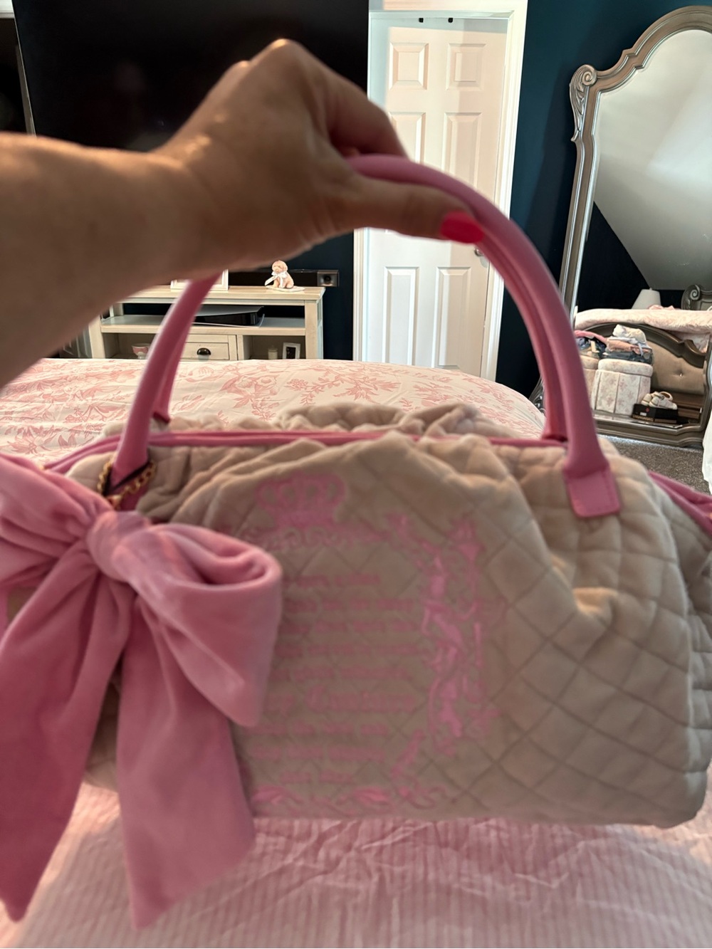 Juicy Couture Pink and cream quilted Daydreamer Satchel with pink Bow Accent